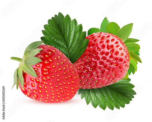 Two ripe strawberry with green leaf