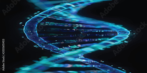 Foto 3D render of a glowing blue DNA double helix structure with particles on a dark