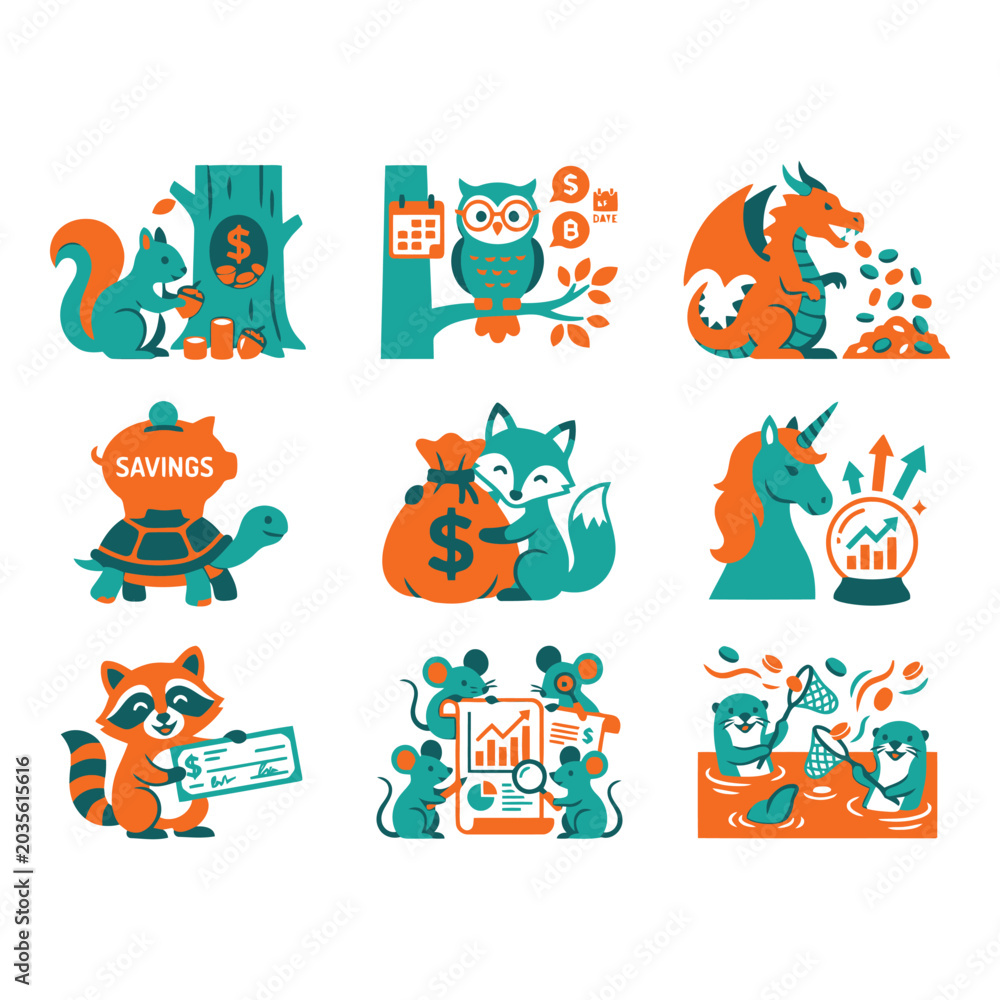 Fototapeta premium colorful animal finance illustrations, vector icons isolated on white background