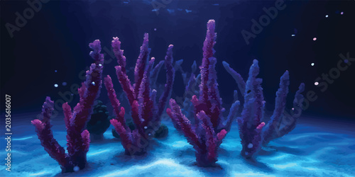 Tableau sur toile Purple coral branches swaying in a dimly lit aquarium with sandy bottom and smal