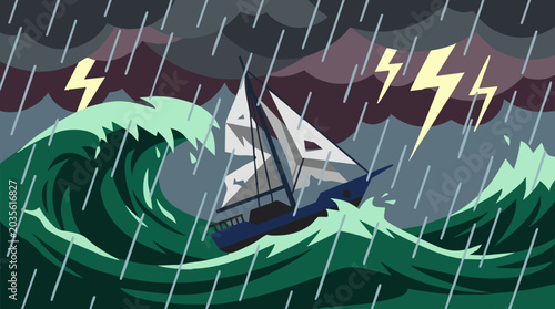 Tableau sur toile Sailboat caught in a severe ocean storm with rain and lightning