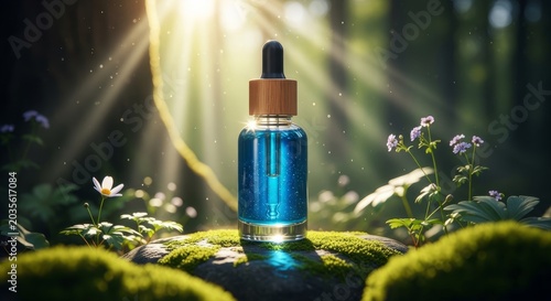 Blue serum dropper bottle on moss with sun rays in woodland scene for skincare packaging background and wellness banner