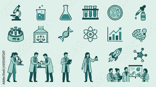 Science and research laboratory icons with diverse scientist illustrations