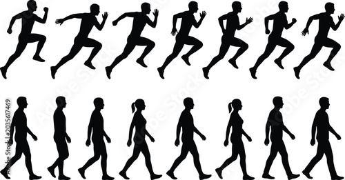 Tableau sur toile Vector illustration of human silhouettes showing walking and running motion phas