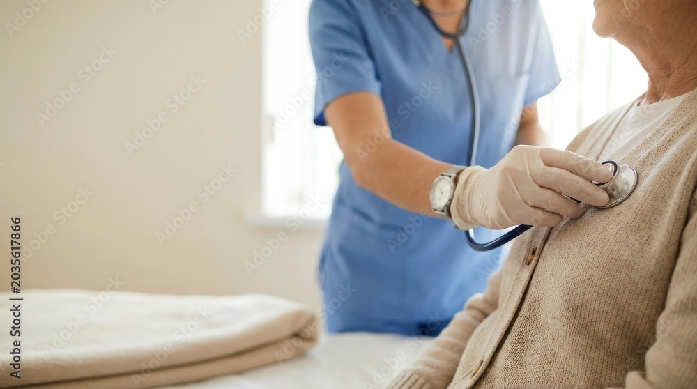 Fototapeta premium Heart disease in older women. Close-up of female doctor examining senior patient with stethoscope, elderly healthcare concept.
