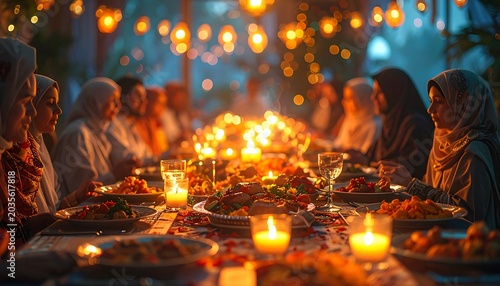 People gathering for festive meal together.