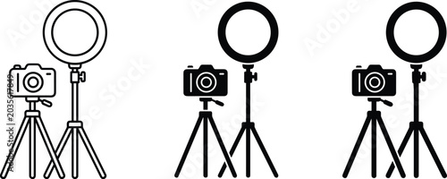 Vector illustration of camera and ring light icons representing photography, videography, and content creation themes