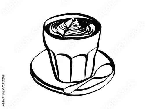 Whimsical Coffee cup with latte art in doodle style for cafe menu design. Italian breakfast sketch with espresso, cappuccino and latte in retro line art style. Crayon quirky vector illustration