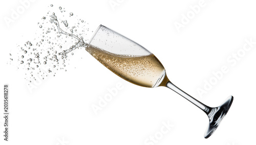 Fotografia Isolated champagne flute with splashing golden sparkling wine and many bubbles