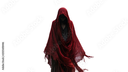 Fotografija Isolated menacing figure in dark red hooded cloak, ragged and flowing, with hidd