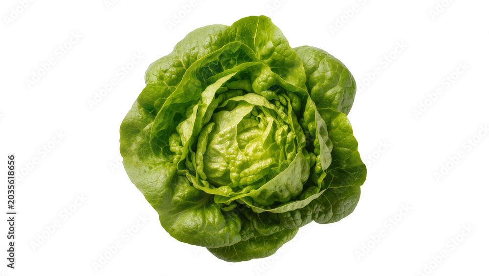 Fototapeta premium Isolated fresh green butter lettuce head, healthy crisp vegetable ingredient for vibrant salads