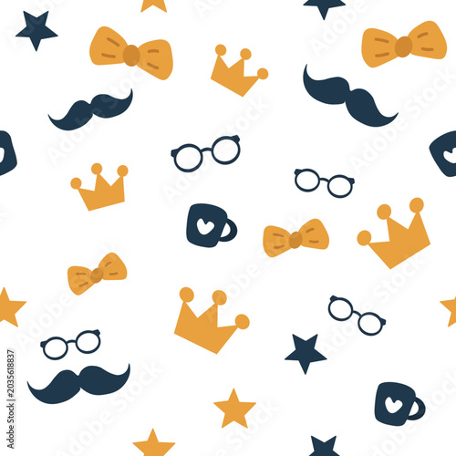 Colorful pattern with crowns, mustaches, glasses, and bows  