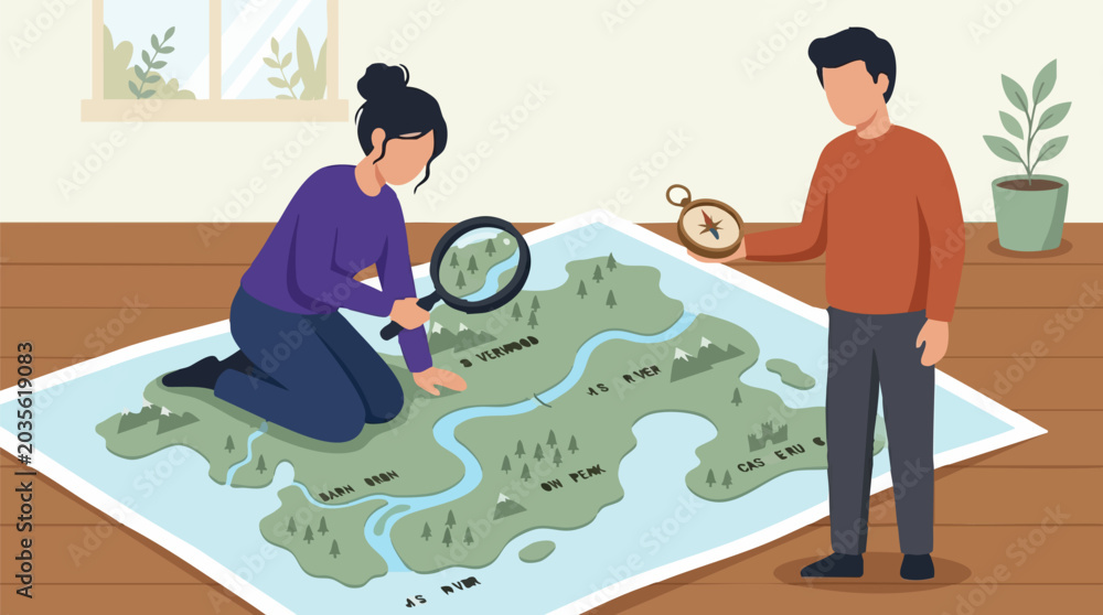 Fototapeta premium People navigating and planning a journey on a detailed adventure map