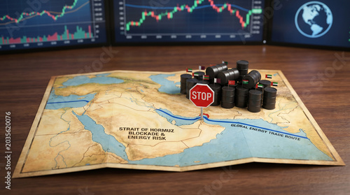 Strait of Hormuz Blockade Map Concept with Oil Barrels and Stock Market Charts