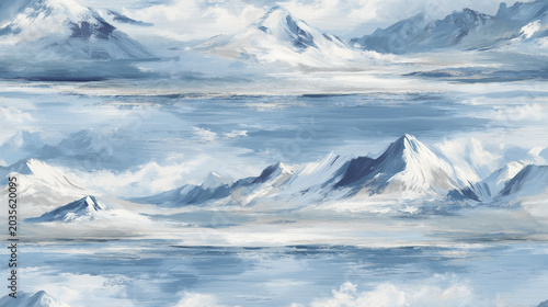 Seamless Impressionist Oil Painting Pattern of Arctic Mountains and Icy Wilderness Landscape.