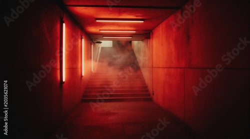 Red neon lights glow in underground concrete hallway with stairs. Smoke drifts up the stpic creating a moody, mysterious, and futuristic atmosphere. Empty space evokes feelings of unease and intrigue.