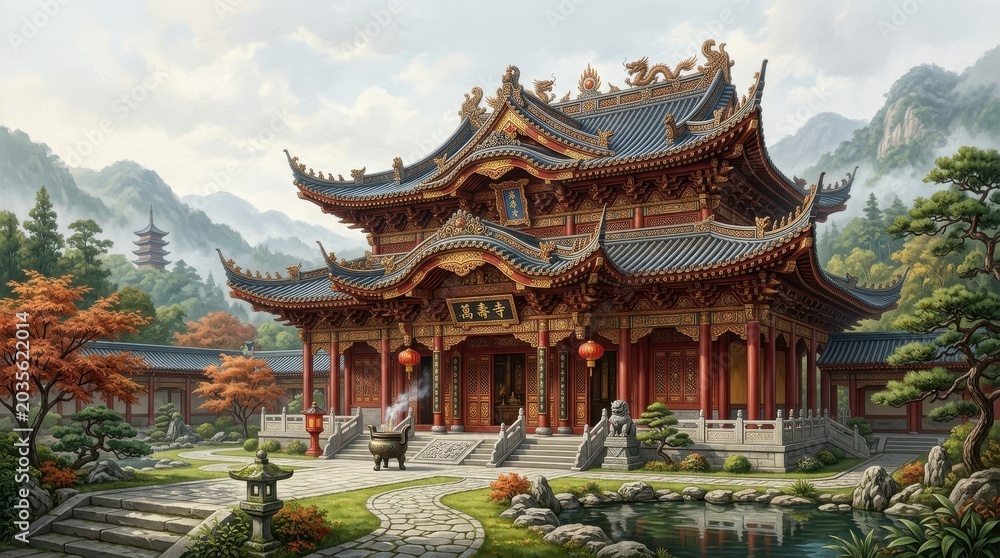 Fototapeta premium Traditional Asian temple building featuring intricate roof designs and red architectural elements in a high-end cultural theme for