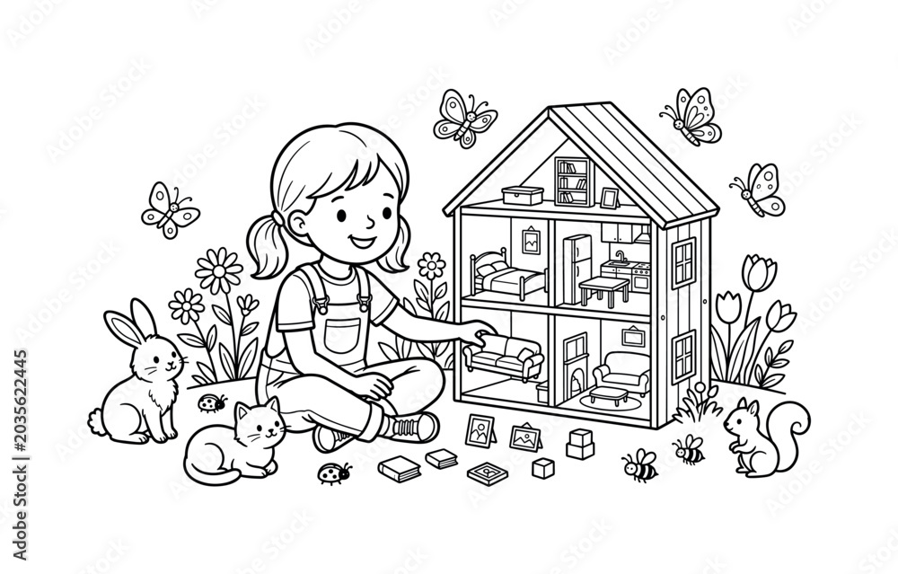Naklejka premium Playful child decorating a dollhouse room with miniature accessories, surrounded by flowers, butterflies, tiny insects, and