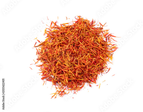 Dried saffron spice isolated on white background.