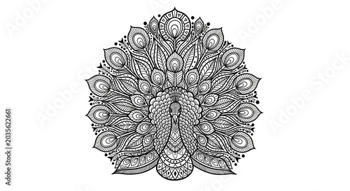 Detailed Hand-Drawn Peacock Illustration with Intricate Mandala-Inspired Patterns, Featuring Elegant Ornamental Feathers and Artistic Symmetry