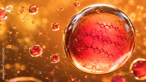Astaxanthin Pigment Droplet In Krill Oil Macro Render With Molecular Structure And Optical Refraction In Golden Lipid Environment