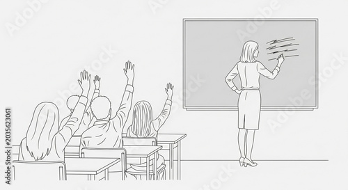 Dedicated teacher leading an interactive lesson in a classroom, with eager students raising hands to participate and ask questions