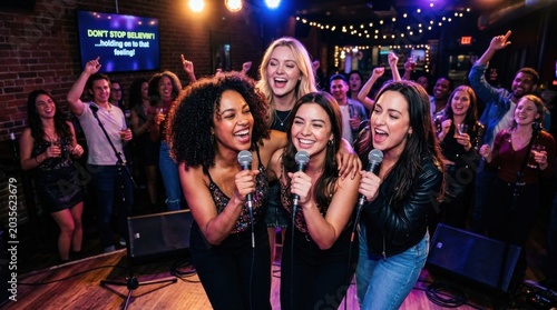 Happy group of friends singing karaoke party at a night event, women holding microphone for fun celebration, nightlife music and
