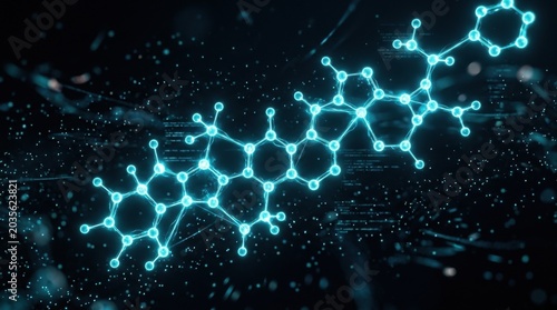 Glowing cyan molecular structure floating in a dark void with subtle data particles and light trails in the background. The atoms