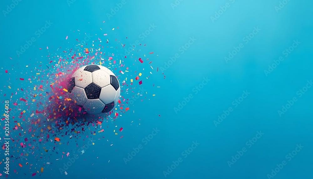 Fototapeta premium Football soaring with colorful confetti trail effect.