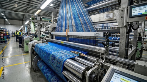 Detailed view of a modern loom weaving a vibrant blue fabric with intricate patterns in a clean factory environment. The metallic