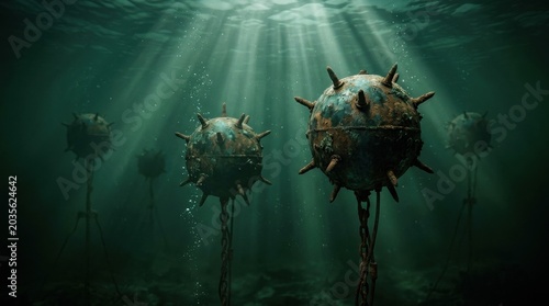 Underwater scene with multiple old, rusty naval mines anchored to the seabed