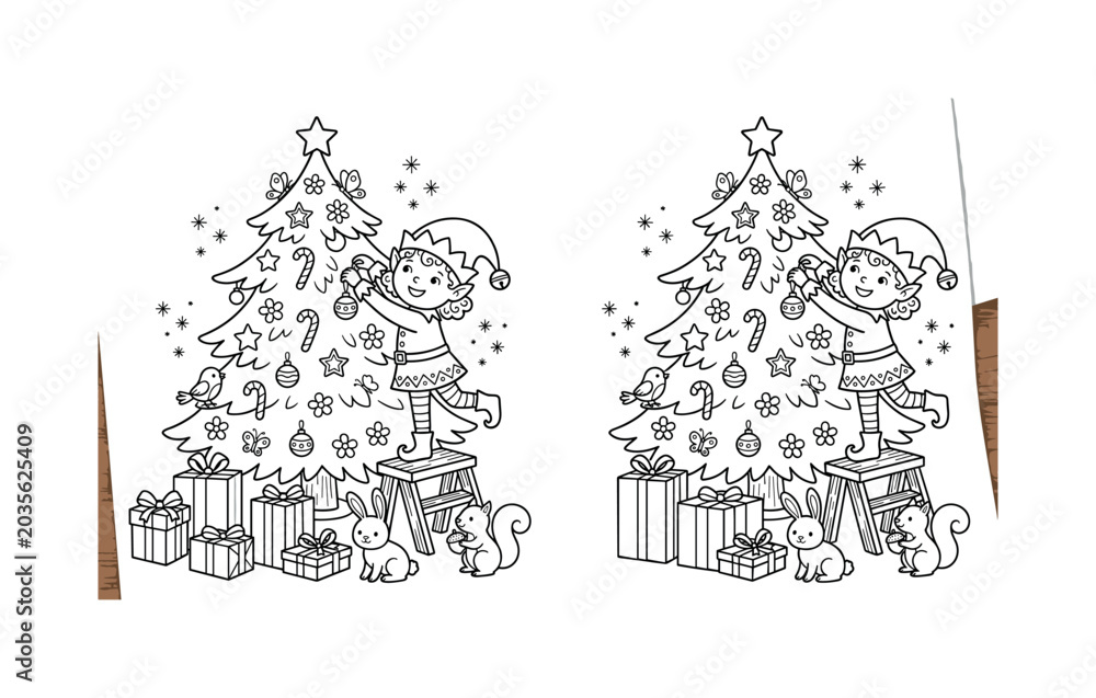 Obraz premium Santa helper decorating a Christmas tree, with gifts, flowers, butterflies, tiny magical sparkles, and small animals nearby,