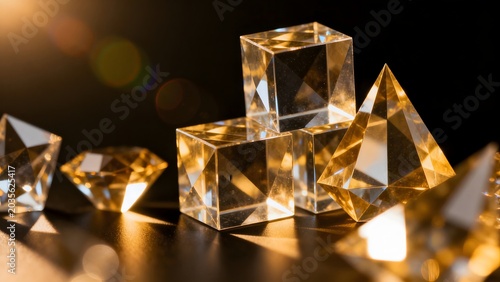 Faceted crystal shapes on dark surface