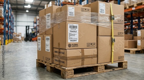 Close-up of various sized shipping boxes stacked neatly on a wooden pallet with realistic tape details and professional delivery