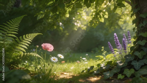 Sunlit forest flowers and greenery