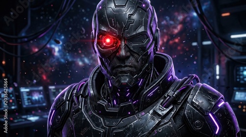 Close-up perspective capturing a dark villain character with an angular face, dramatic features, and a single brightly glowing red
