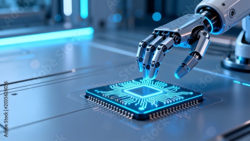 Robot hand interacting with a glowing circuit board
