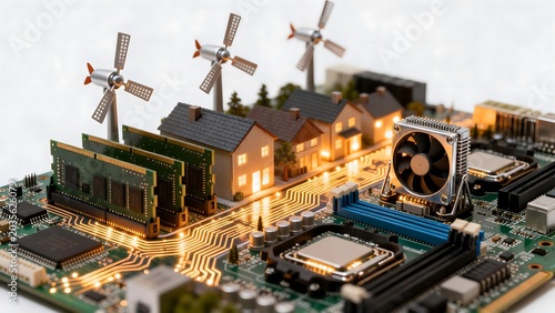 Circuit board with miniature houses and windmills