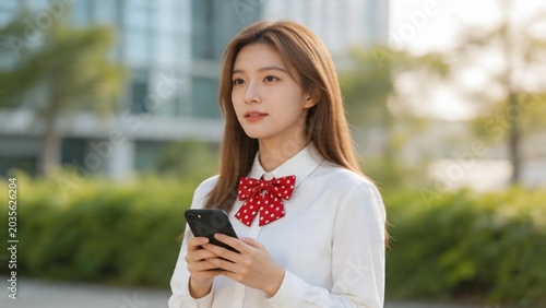 Young woman in white shirt with red bow holding phone