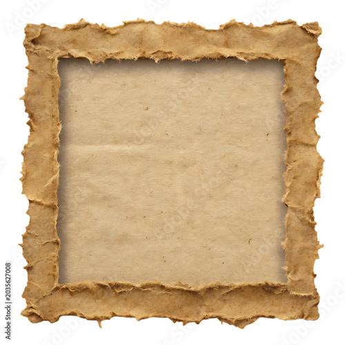A rustic, square frame made of torn, textured brown paper with a lighter, aged paper background border isolated on a transparent background