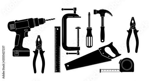 Bild auf Leinwand Hand and Power Tool Silhouette Icon Set