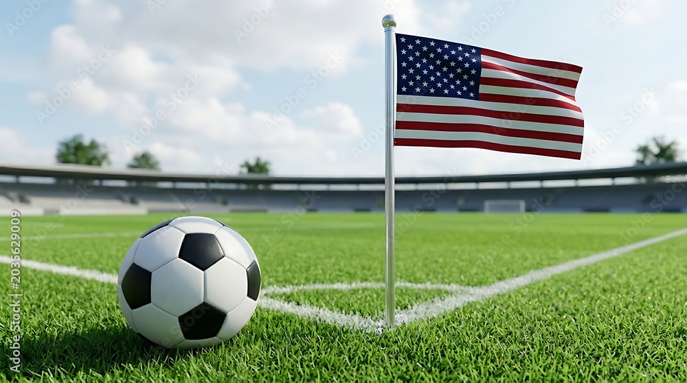 Naklejka premium Football at stadium corner with american flag post.