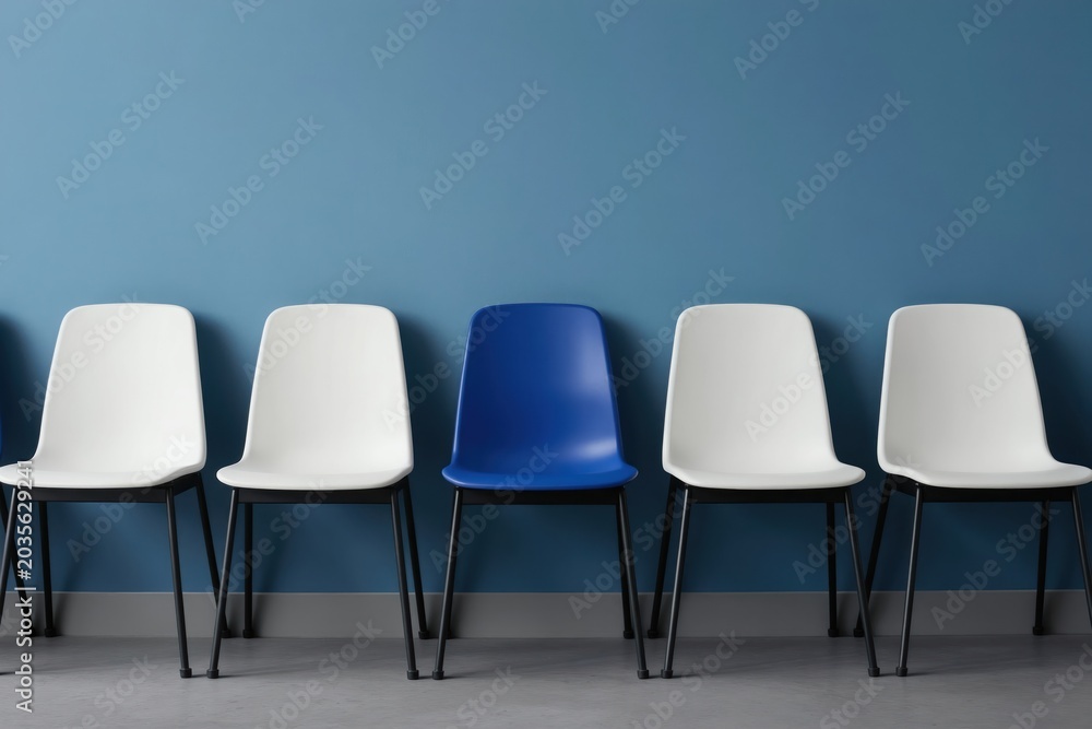 Obraz premium Row of identical chairs with one blue standout chair against blue wall. Empty interior space suggests choice or unique option. Minimalist setting offers potential.