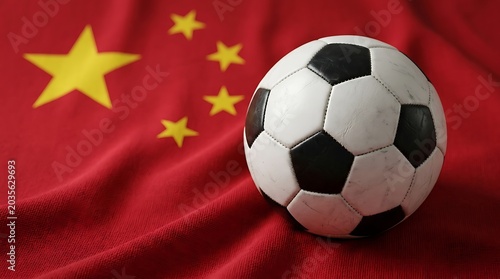 Soccer ball resting on chinese flag fabric background.
