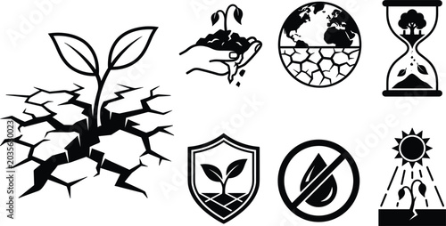 Schilderij op canvas Drought and Climate Change Vector Icon Set Featuring Cracked Soil Plant Growth G