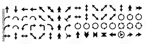 Large collection of diverse black arrow icons, showing directions, rotations, and double-headed movements.