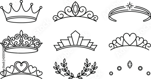 Tableau sur toile Princess Tiara and Queen Crown Line Art Vector Icon Set Featuring Royal Headpiec