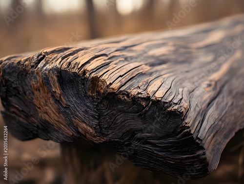 Ancient dark wood log with deeply textured grain and rough, weathered edge in nature setting.