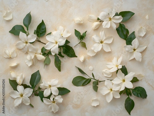 Artistic oil painting style white gardenia flowers and leaves on textured beige background for vintage floral art prints.