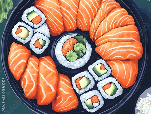 Artistic illustration of salmon sushi and maki rolls on dark plate top view.